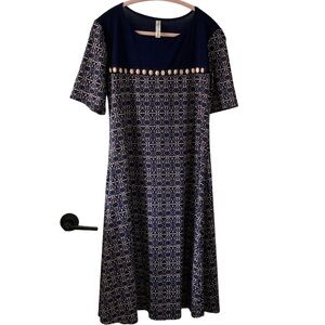 PerSeption Concept Navy Geometric Midi Dress L | Stretchy Short Sleeve